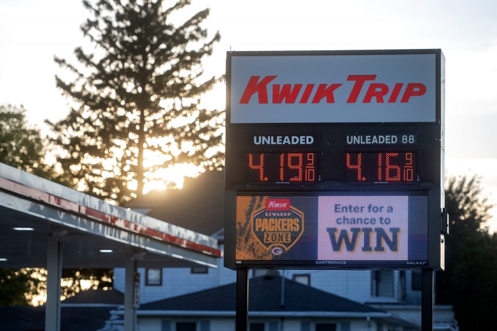 Gas prices are posted Tuesday, Oct. 6, 2026, at a Kwik Trip in Stoughton, Wis. Angela Major/WPR
