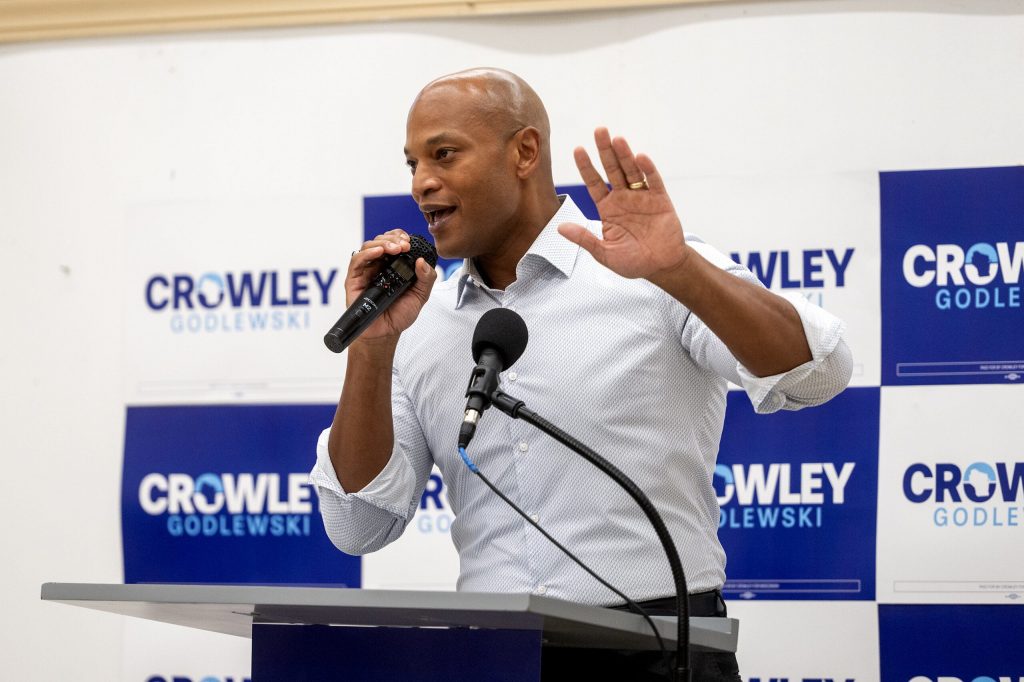 Maryland Gov. Wes Moore speaks in support of Milwaukee County Executive David Crowley’s campaign for Wisconsin governor Friday, Oct. 9, 2026, at New Zion Baptist Church in Beloit, Wis. Angela Major/WPR