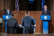 Milwaukee County Executive David Crowley, left, and U.S. Rep. Tom Tiffany, right, debate Wednesday, Oct. 21, 2026, at Marquette University Law School’s Eckstein Hall in Milwaukee, Wis. Angela Major/WPR