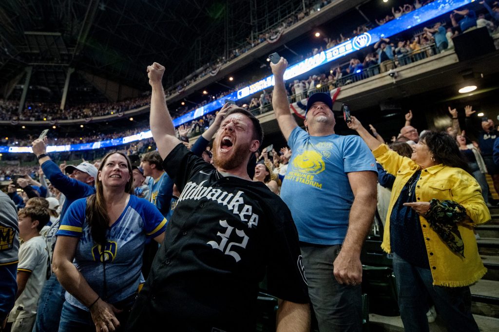 Milwaukee Brewers fans celebrate at a World Series watch party as the team wins in game five Wednesday, Oct. 28, 2026, at American Family Field in Milwaukee, Wis. Angela Major/WPR
