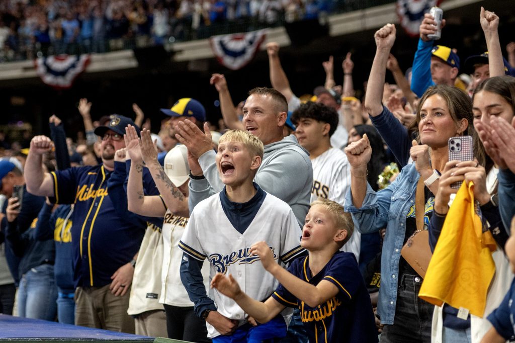 Milwaukee Brewers fans react in the ninth inning before the team wins the World Series on Wednesday, Oct. 28, 2026, during a watch party at American Family Field in Milwaukee, Wis. Angela Major/WPR