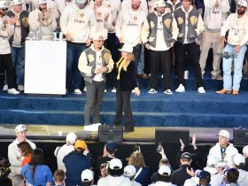 William Contreras at the championship celebration. Photo taken Oct. 30, 2026 by Jeramey Jannene.