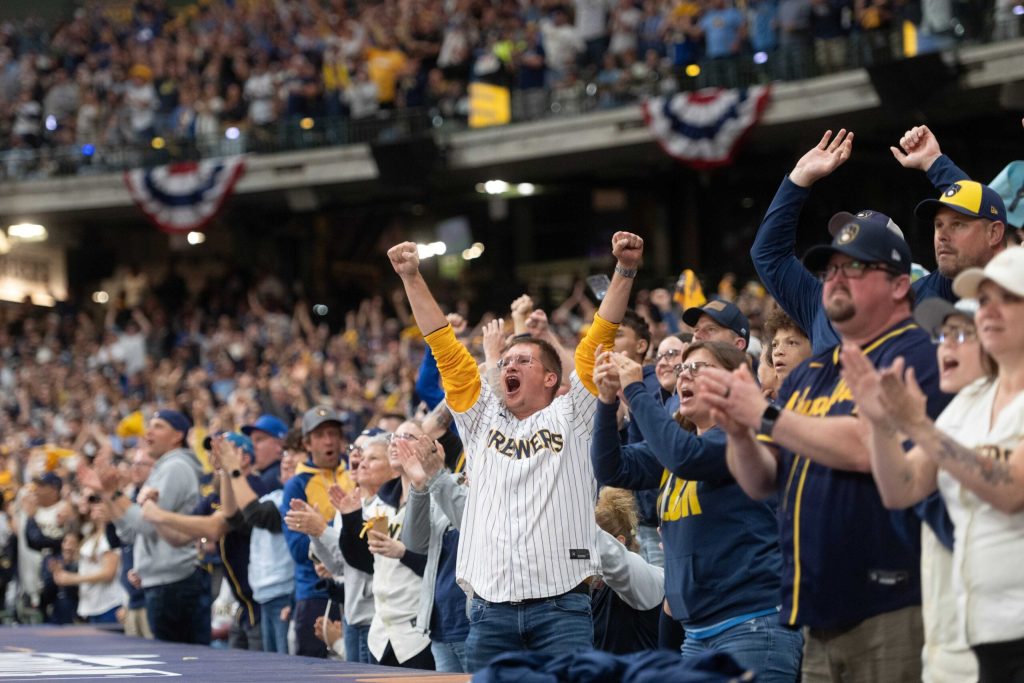 Brewers fans cheer as they take the lead in the second inning of Game 5 of the World Series on Wednesday, Oct. 28, 2026, during a watch party at American Family Field in Milwaukee, Wis. Angela Major/WPR