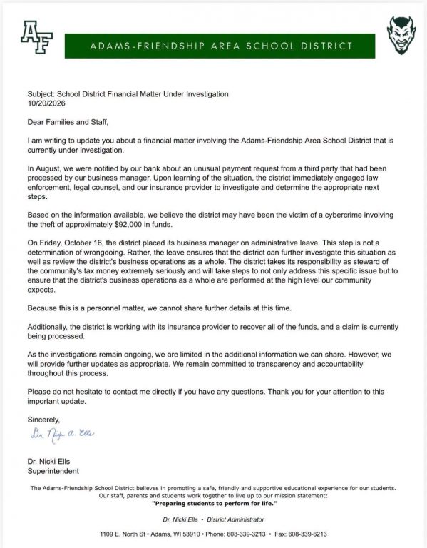 This letter was sent to WPR, and parents in the Adams-Friendship District, explaining the incident and investigation.
