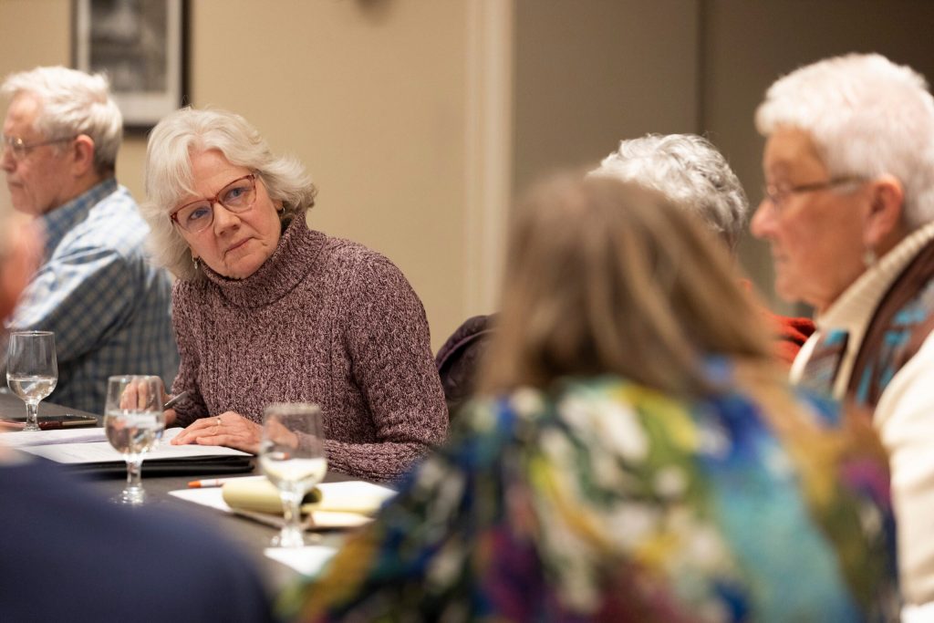 Judy Brey, of Sauk County, left, leads a meeting with fellow county-owned nursing home advocates to prepare for a meeting with state officials, Thursday, Jan. 9, 2025, at the Hilton Madison Monona Terrace in Madison, Wis. Joe Timmerman/Wisconsin Watch
