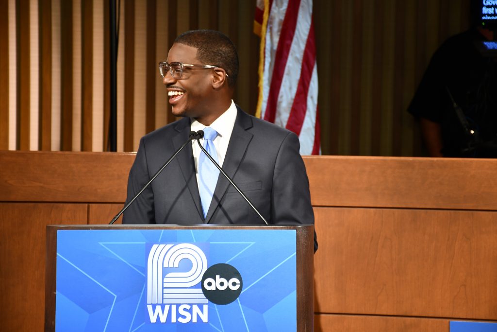 David Crowley at 2026 gubernatorial debate. Photo by Jeramey Jannene.