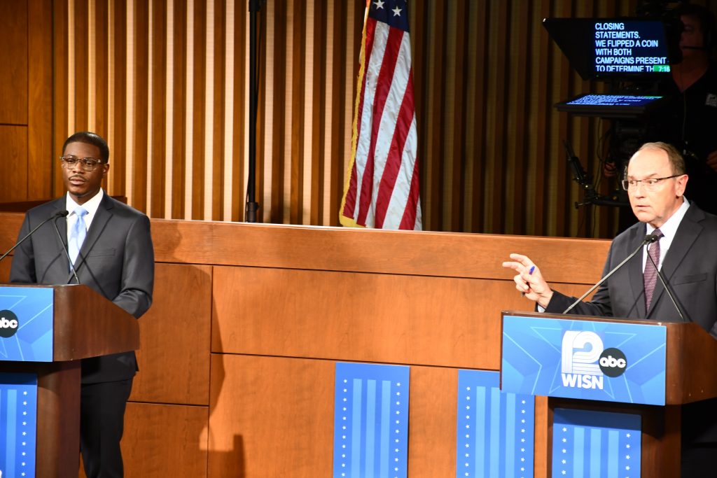 David Crowley and Tom Tiffany at 2026 Gubernatorial Debate. Photo by Jeramey Jannene.