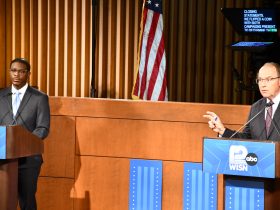 David Crowley and Tom Tiffany at 2026 Gubernatorial Debate. Photo by Jeramey Jannene.