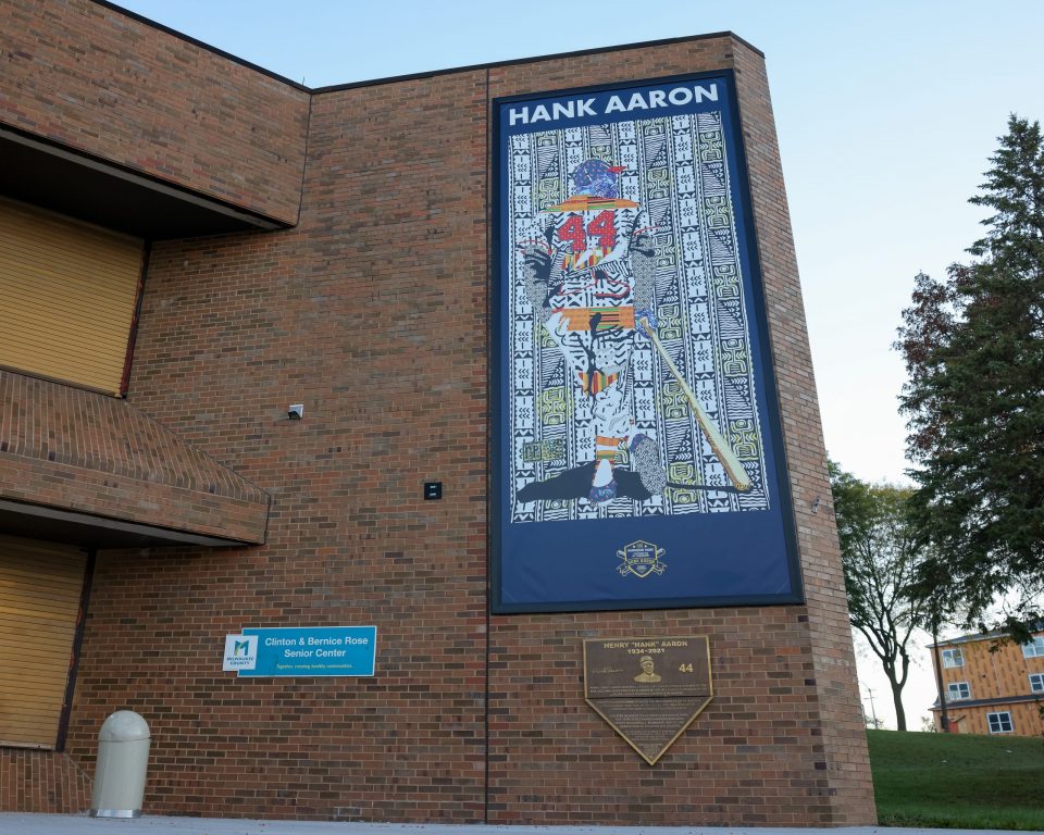A mural of Hank Aaron by Milwaukee artist Rosy Petri hangs on the outside of Clinton Rose Senior Center, 3045 N. Martin Luther King Drive.