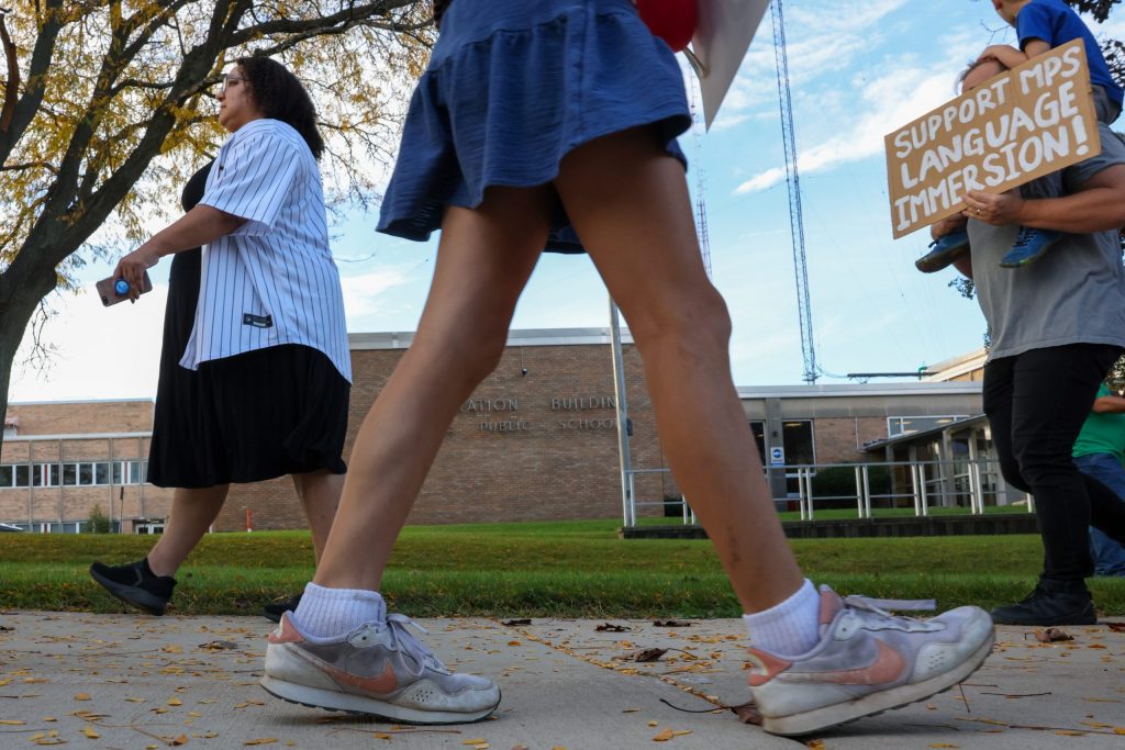 Parents, staff and students of the Milwaukee French Immersion School participate in a protest against staffing cuts. (Photo by Jonathan Aguilar / Milwaukee Neighborhood News Service / CatchLight Local)