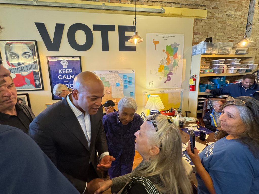 Maryland Gov. Wes Moore was at a David Crowley campaign event in Racine on Oct. 9, 2026. Evan Casey/WPR