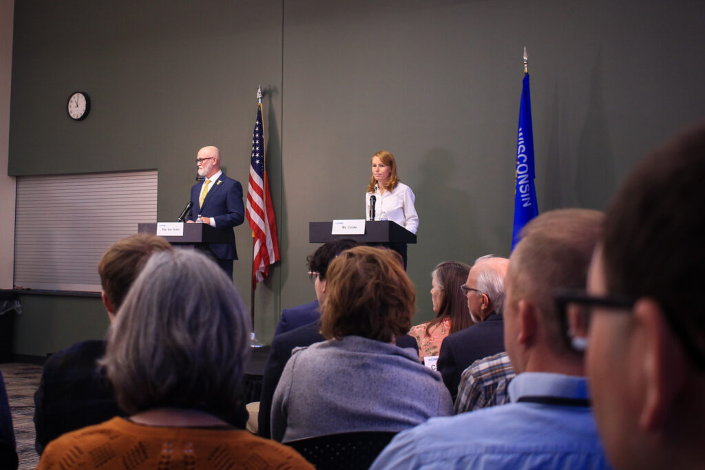 U.S. Rep. Derrick Van Orden and Rebecca Cooke met Oct. 20, 2026 for a debate in the race for Wisconsin's 3rd Congressional District. (Photo by Henry Redman/Wisconsin Examiner)