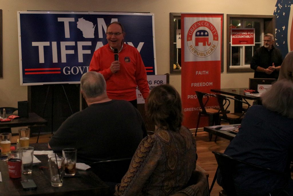 U.S. Rep. Tom Tiffany speaks at a campaign event in New Glarus on Oct. 26. (Photo by Henry Redman/Wisconsin Examiner)