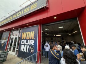 Merchandise booth at the 2026 Milwaukee Brewers championship celebration. Photo taken Oct. 30, 2026 by Jeramey Jannene.