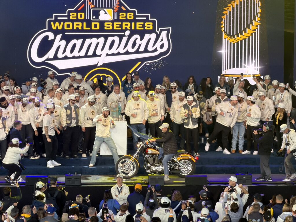 Robin Yount on a motorcycle at the 2026 championship rally. Photo taken Oct. 30, 2026 by Jeramey Jannene.