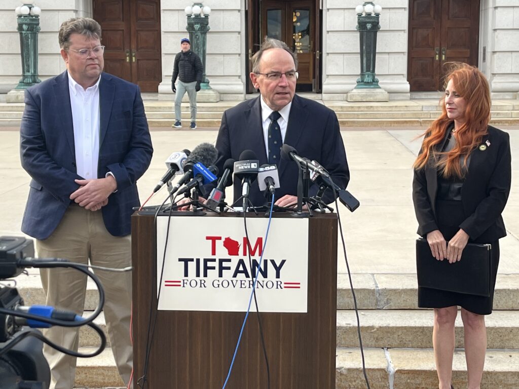 U.S. Rep. Tom Tiffany released his proposal as in-person early voting kicked off last week and with a little over a week to go before Election Day. Tiffany at a press conference with Sen. John Jagler and Rep. Amanda Nedweski in October 2025. (Photo by Ruth Conniff/Wisconsin Examiner)