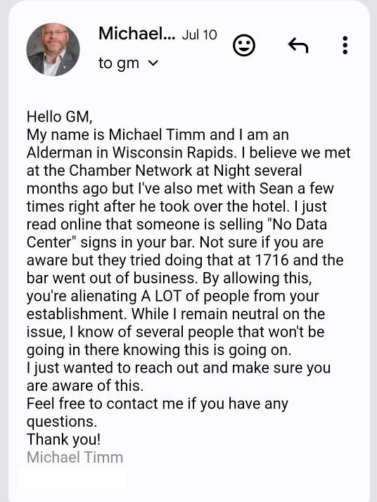 This email was sent by sitting Alderman Michael Timm to a Wisconsin Rapids business. He publicly shared the email.