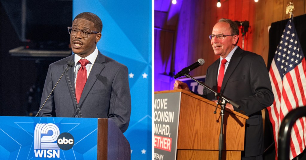 Milwaukee County Executive David Crowley, left, and U.S. Rep. Tom Tiffany face off in the race for Wisconsin governor. (Andy Manis for Wisconsin Watch and Zoey Elwood / Wisconsin Watch)