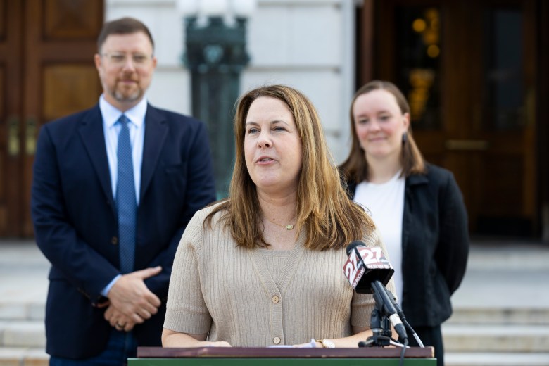 Senate Democratic Leader Dianne Hesselbein, center, Assembly Democratic Leader Greta Neubauer, right, and Democratic Party of Wisconsin Chair Ben Wikler, left, launch a campaign to retake the state Legislature on Aug. 16, 2024, in Madison, Wis. (Joe Timmerman / Wisconsin Watch)