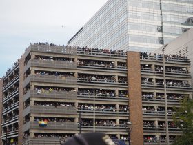 Fans fill the 770 Garage on the corner of E. Mason and N. Jefferson. Photo by Lauren Hafeman on Oct. 20, 2026.
