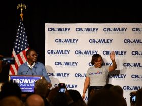David and Ericka Crowley at Women for Crowley rally. Photo by Lauren Hafeman on Oct. 26, 2026.