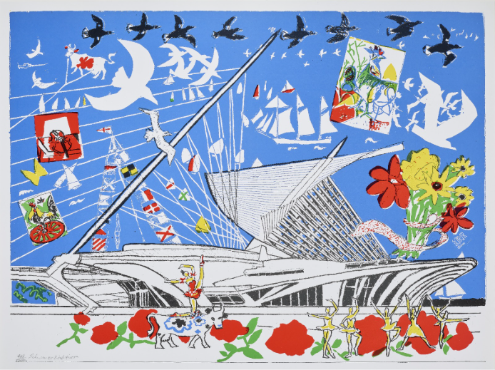 Schomer Lichtner (American, 1905–2006), Celebration: The New Milwaukee Art Museum Addition by Architect Santiago Calatrava, 2001. Color offset lithograph. Milwaukee Art Museum, Gift of Inaugural Gala Committee, M2001.176. Photo: John R. Glembin.
