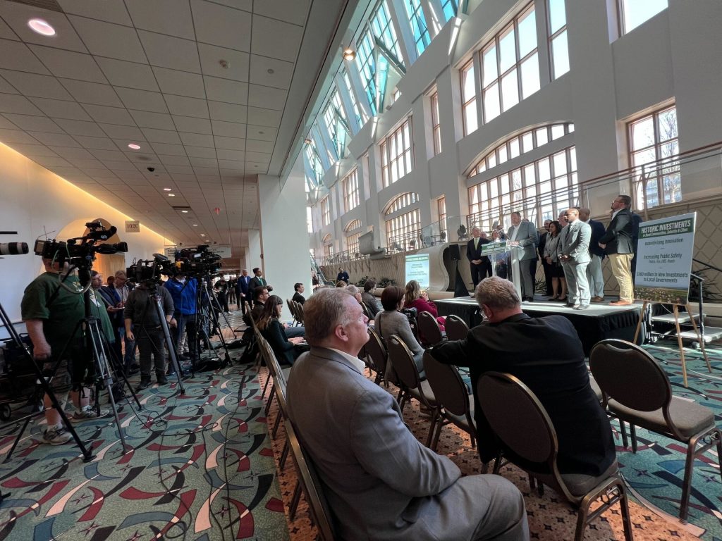 Assembly Speaker Robin Vos, R-Rochester, Milwaukee Mayor Cavlier Johnson, Milwaukee County Executive David Crowley and other government leaders speak at a press conference on a plan that would boost state funding for local governments on April 27, 2023. Evan Casey/WPR