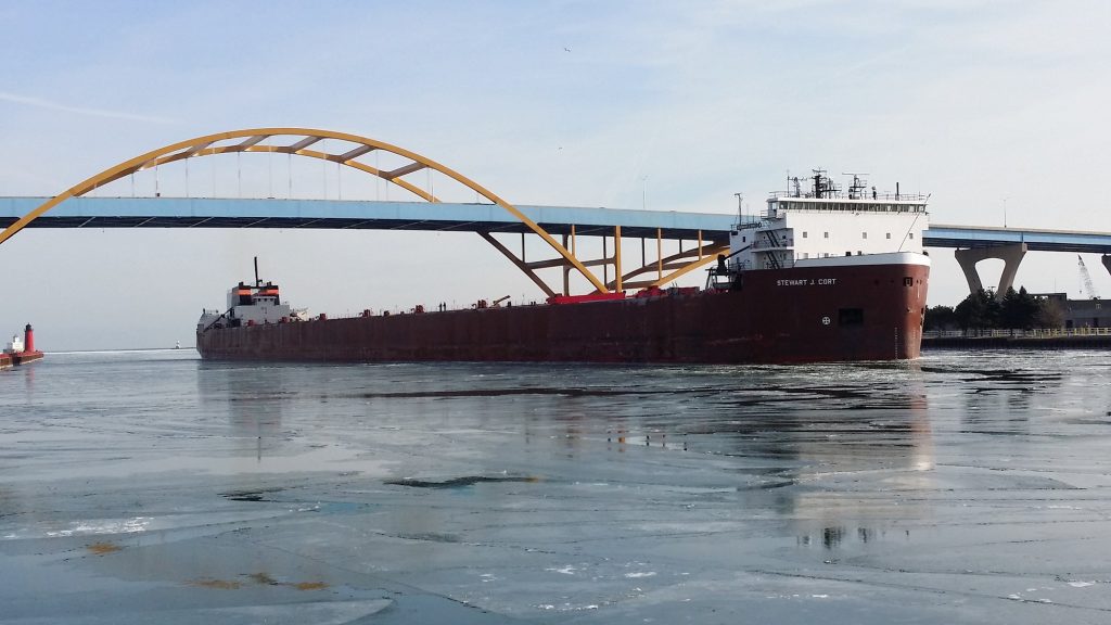 The Great Lakes freighter Stewart J. Cort passes through the Port of Milwaukee in 2017. Photo courtesy of the Port of Milwaukee