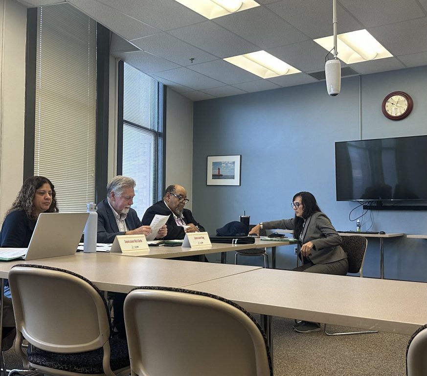 The City of Milwaukee Board of Election Commissioners. L to R: Patricia Ruiz-Cantu (D), Doug Haag (R), Terrell Martin (D, chair), Paulina Gutierrez (executive director). Photo by Lauren Hafeman on Oct. 21, 2026.