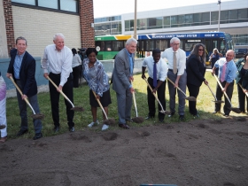 Wauwatosa Mayor Dennis McBride, Milwaukee Mayor Tom Barrett, Congresswoman Gwen Moore, Alderman Robert Bauman, County Executive David Crowley, Governor Tony Evers, FTA regional administrator Kelly Brookins at the BRT groundbreaking