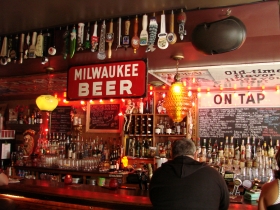 Closeup of bar and taps.