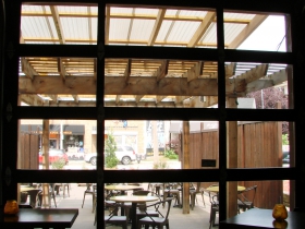 Garage door opening to patio.