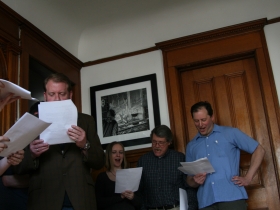 Freund and other cast members act out the sound wall during a scene from Thor, with Krukowski as Thor and Helmers as the villainous Midgard Serpent.