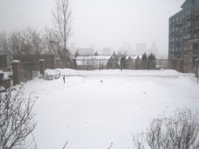 Tennis anyone? Perhaps not today. The multi-purpose court also accommodates basketball. But be careful! The Dixon Duplex driveway runs through the playing grounds.