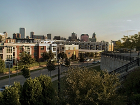 Trostel Square is seen from the patio at Wolf Peach.
