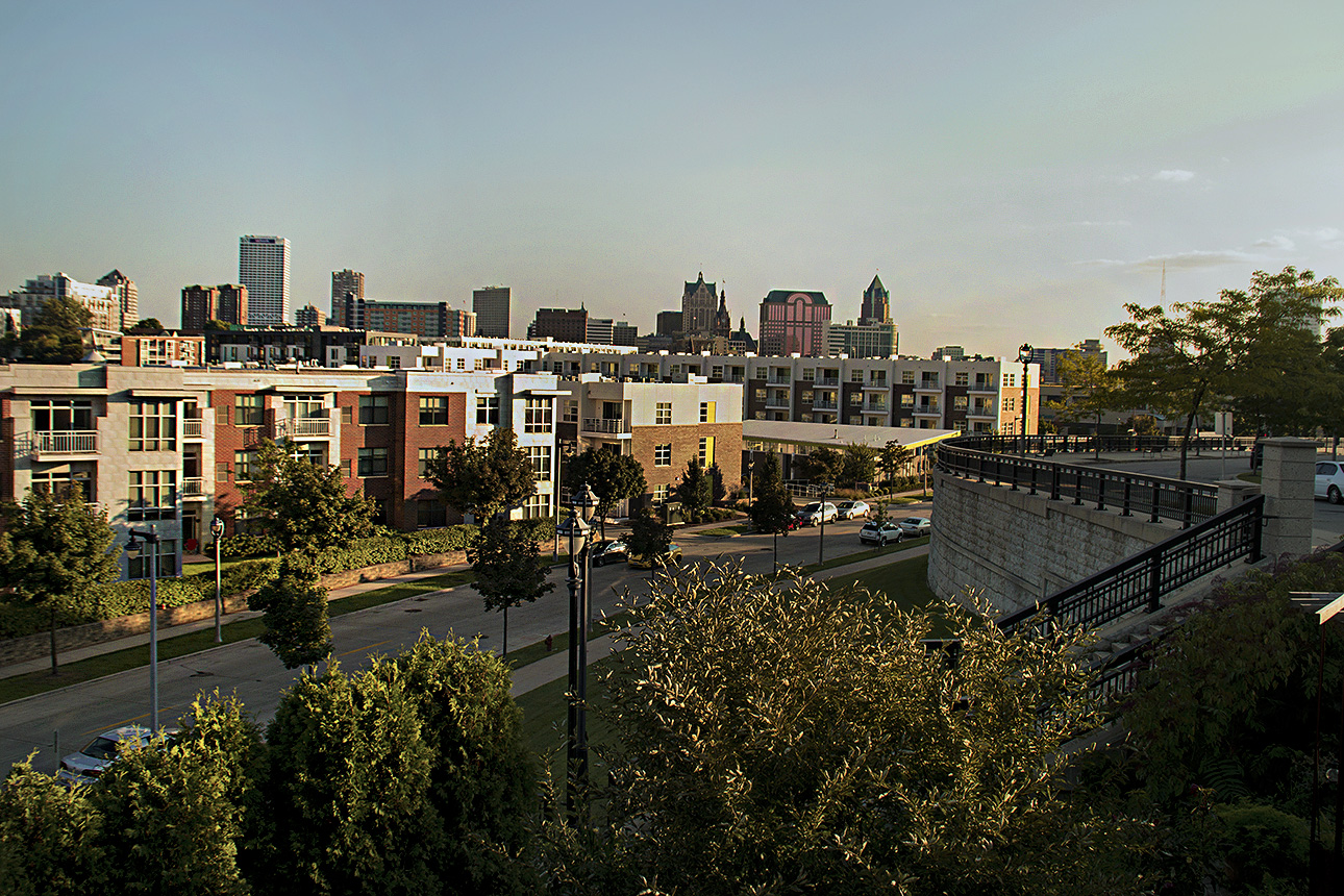 Trostel Square is seen from the patio at Wolf Peach.
