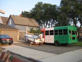 Tour bus parked outside the bar.