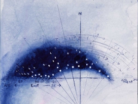 David Niec: Moon Rises and Spans, 2015. Ink and watercolor on paper. 12 by 13 inches.