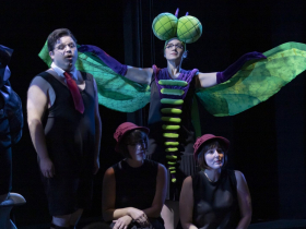 (L to R) Daniel Fleming as Solo Animal and chorus member, Ola Rafalo as Dragonfly, and Florentine Opera Chorus members