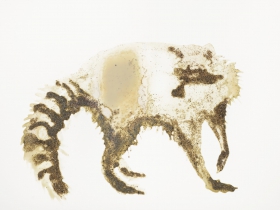 Raccoon, 2017, Sand from the Cuyahoga River, Whiskey Island and acrylic polymer on paper, 9 x 12 1/2 inches. Courtesy of the Artist and Sperone Westwater, New York.