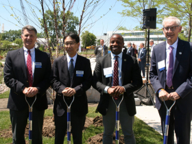 Rod Schrader, Hiroyuki Ogawa, Governor Tony Evers and Cavalier Johnson Plant A Tree
