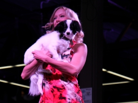 On the runway with her pet dog.