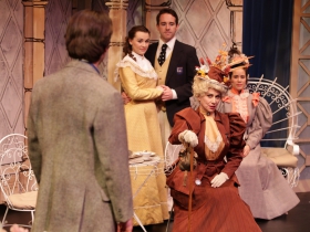 Zachary Thomas Woods (Jack), Peyton Oseth (Cecily), Doug Clemons (Algernon), Kristin Hammargren (Gwendolen), Angela Iannone (center-Lady Bracknell)