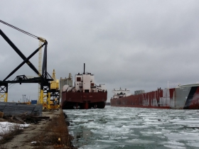 Edwin H Gott, 1000 foot ore carrier coming in for winter layup  January 2015.