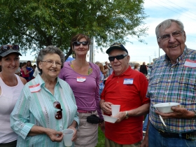 Margaret Couillard, Gloria, Jane, Jim and Ronald Konkel--all from the same lineage but not necessarily directly--pose for a photo.