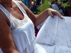 Sharon Sanders (nee Bialk) shows off a map from her deep folder of Jones Island history.