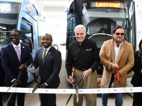 County Executive David Crowley, Mayor Cavalier Johnson, Ald. Robert Bauman, Developer Rick Barrett, FTA Regional Administrator Kelley Brookins at L Line opening