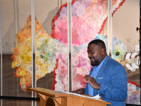 Lafayette Crump speaking at Bird of Hope for Peace unveiling. Photo by Lauren Hafeman on Oct. 8 2026.