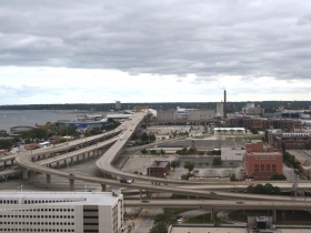 The lovely I-794 and a sea of parking.