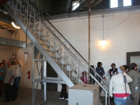 Climbing the stairs.